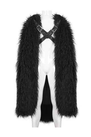 Black faux-fur cloak with leather harness displayed on a white mannequin, front view against white background.