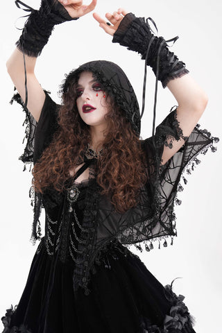 Black spiderweb hooded capelet with batwing hem lace trim worn over gothic dress