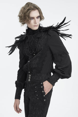 Men’s Gothic black feather choker shoulder piece with velvet base, beaded embroidery applique, and chain details – Devil Fashion CA044 Wings of the Raven King.