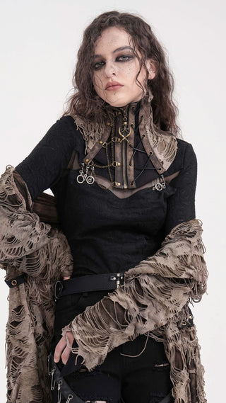 Model wearing a distressed brown suede and leather-look neck corset with bronze chain details, sword charm, and lace-up front, styled over a black top with tattered sleeves.