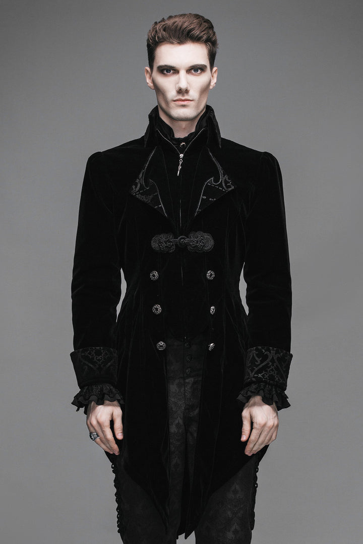 Model wearing Devil Fashion CT02201 black Gothic velvet tailcoat with brocade cuffs and silver buttons