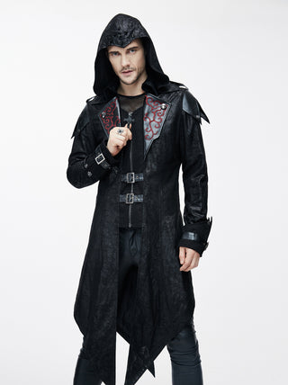 Model wearing Devil Fashion CT06901 men’s long black hooded jacket with red scroll lapels, faux leather details, buckled straps, and gothic styling against a white background.
