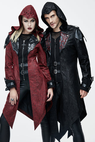 Male and female models wearing Devil Fashion CT06901 long hooded jackets in black and red with red scroll lapels, faux leather details, and gothic punk styling against a white background.