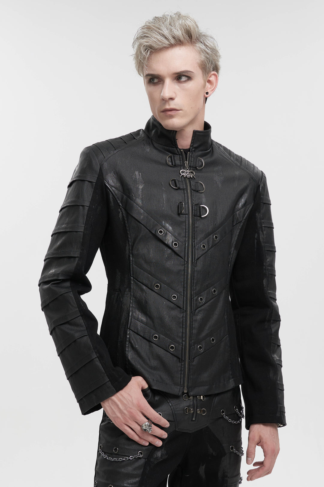Angled front pose of model in CT200 Urban Ops Jacket by Devil Fashion