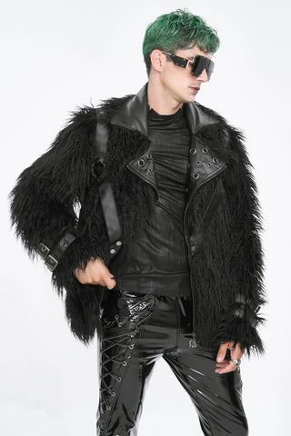 Men's black shaggy faux fur punk jacket with faux leather lapels, buckle sleeve straps, and oversized.