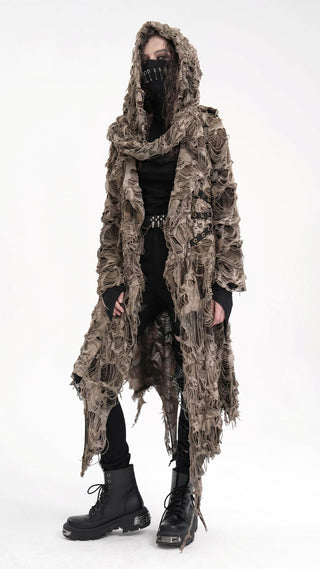 Model wearing a distressed post-apocalyptic nomad hooded duster with shredded textures and asymmetric layered panels.