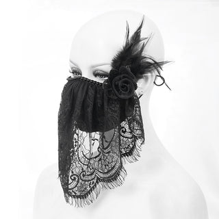 angled view black lace veil mask with layered lace and soft drape