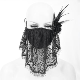 front view black lace veil face mask with scalloped lace edge