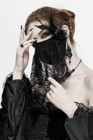 close view of lace veil mask with rose and feather side decoration