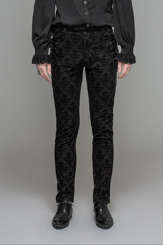 Men’s black Gothic damask slim-fit trousers by Devil Fashion, front view