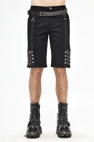 Men's black punk shorts with metal studs, D-rings and raw hems