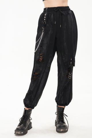 Devil Fashion PT174 black punk cargo pants with stonewash distressing, ripped panels over mesh, elastic drawstring waist, side pockets, cuffed ankles, O-rings and a detachable chain.