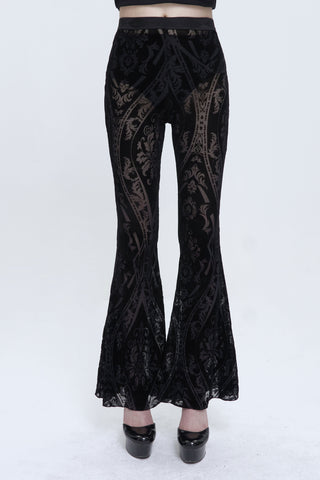 Devil Fashion PT192 black velvet baroque flare pants with semi-sheer gothic pattern, high waist and bell-bottom legs