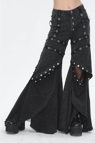 Devil Fashion PT238 black washout flared trousers with skull buttons, silver eyelet straps, and mesh knee panels, styled with platform shoes on a white background.
