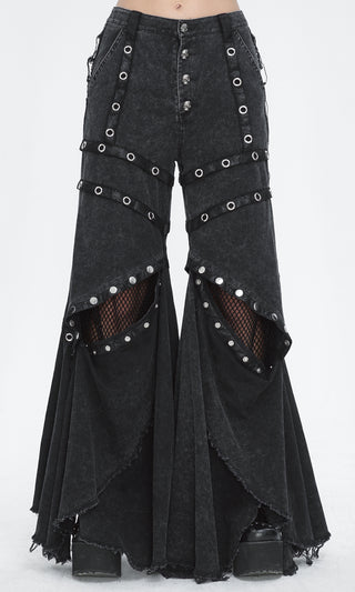 Devil Fashion PT238 black washout flared trousers with skull buttons, eyelet straps, and mesh panels, styled with platform shoes on a white background.
