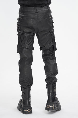 Back view of Devil Fashion PT24401 Gothic faux leather pants with back pockets, buckled straps, and platform boots on white background