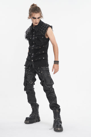 Model wearing Devil Fashion PT24401 Gothic pants styled with sleeveless vest and platform boots on white background