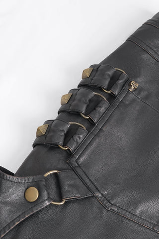 Devil Fashion PT24402 black pants with rear leg straps, pyramid studs, and bronze D-ring hardware