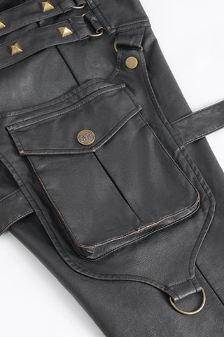 Devil Fashion PT24402 black faux leather pants with side cargo pocket and D-ring strap detail