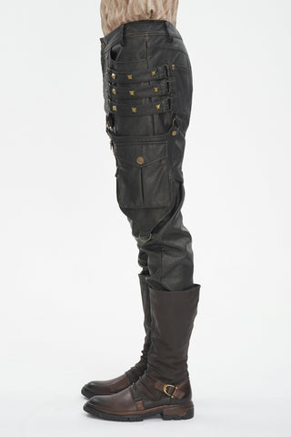 Side view of brown faux leather Steampunk trousers with thigh straps, cargo pockets, and gold-tone studs, worn with tall brown boots.