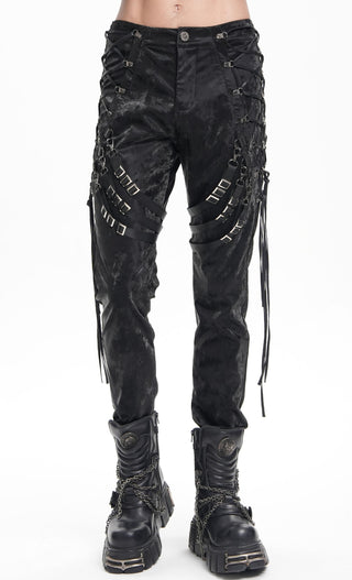 Black punk pants with distressed leather-look finish, adjustable buckle straps around the thighs and long hanging side cords.