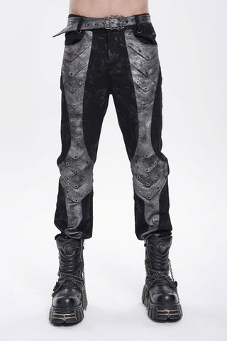 Men's black cyberpunk pants with silver panel accents, eyelet details and matching belt