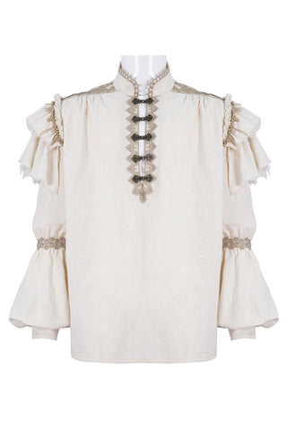 Golden Cavalier Ruffle Shirt in cream white cotton with gold trim, bishop sleeves, layered ruffles, and ornate front clasps, displayed flat on a white background.