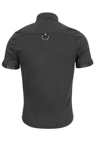 Man facing backward wearing a black short-sleeve shirt with faux leather accents and a metal ring detail on the upper back, against a white background.