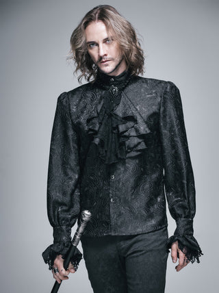 Men’s black Victorian ruffle shirt with paisley jacquard fabric and lace jabot
