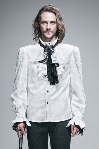 Men’s white Victorian ruffle shirt with black lace jabot and paisley jacquard fabric