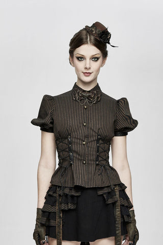 Model wearing a Devil Fashion brown striped steampunk blouse with short puff sleeves, a high collar and lace-up waist panels.