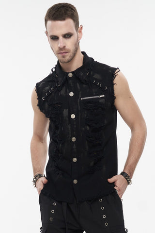 Men's black distressed punk denim sleeveless vest with a button-up front, frayed edges, metal O-ring details.