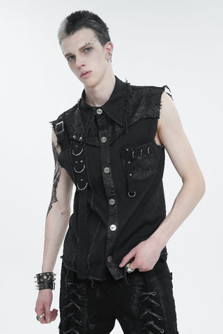 Devil Fashion SHT102 men’s sleeveless Gothic punk shirt with distressed cotton fabric and metal D-ring accents – industrial streetwear design