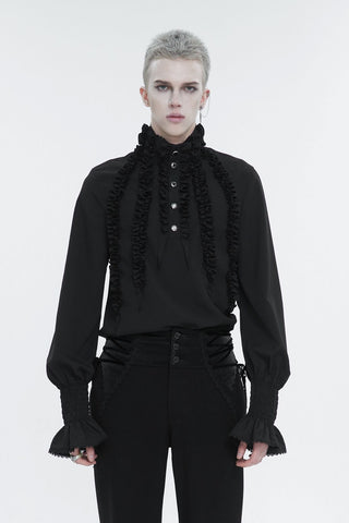 Man wearing a black Gothic long-sleeve blouse with high ruffled collar, front ruffle trim and gathered cuffs
