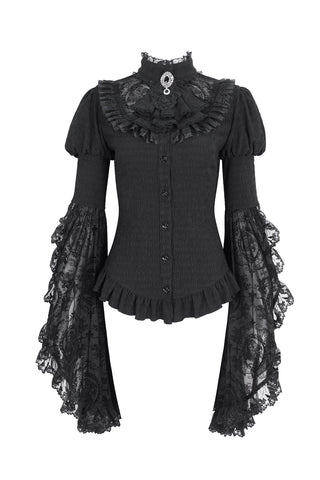 Devil Fashion SHT113 Gothic Victorian blouse with lace Juliet sleeves, frilly jabot neckline, and button-up front, displayed on a white background.