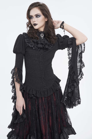 Front view of a black Gothic Victorian blouse devil fashion sht113 with lace Juliet sleeves, frilly jabot neckline, and button-up front, shown on a white background.