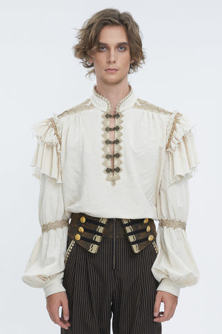 Men’s Golden Cavalier Ruffle Shirt Devil Fashion sht115 in cream white with gold trim, bishop sleeves, layered shoulder ruffles, and ornate front clasps, worn with striped trousers and a decorative waist cincher.