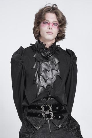 Men's black Victorian gothic shirt with puffed sleeves, lace ruffle collar and detachable leather-look batwing jabot.
