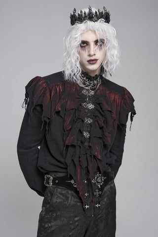 Men's black romantic gothic ruffle shirt with crimson distressed accents, poet sleeves and lace-trimmed front