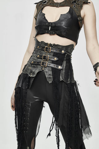 Model wearing a distressed black post-apocalyptic corset belt with triple buckles and shredded lace drape panels over black leggings.