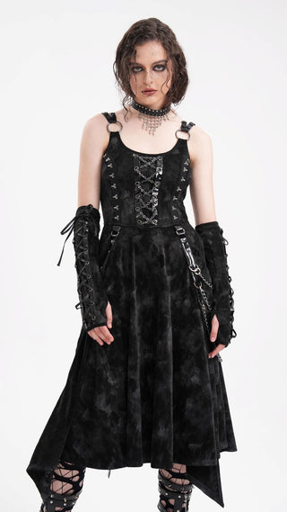 Dark punk dress with chain details, corset-style lacing, detached arm warmers, and asymmetrical hem.