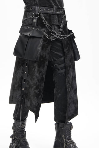 Devil Fashion SKT228 men’s post-apocalyptic black tie-dye overskirt with faux leather pockets, hanging straps, and chain details styled over black pants and platform boots.
