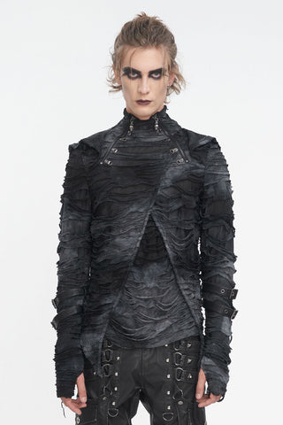 Model wearing a black and grey distressed hooded top with an asymmetrical front and strap details on the sleeves.