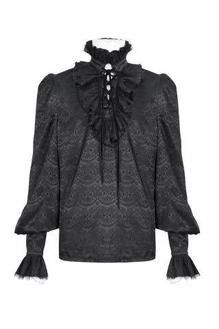 Black ornate satin poet shirt with ruffled lace-up neckline, bishop sleeves, and lace-trimmed cuffs, displayed on a white background.