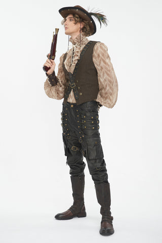 Male model in full Steampunk outfit wearing Wasteland Engineer cargo trousers, holding a prop gun, on a white background