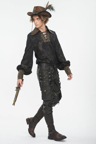 Full-body view of a model in a brown Steampunk outfit, wearing a wide-brimmed hat with goggles and holding a prop gun, on a white background.