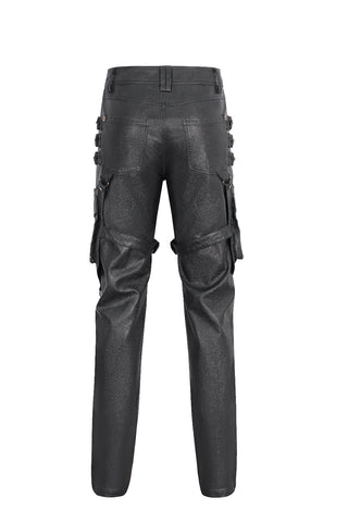 Back view of Devil Fashion PT24402 brown faux leather Steampunk pants with cargo pockets and buckled strap details, displayed on white background.
