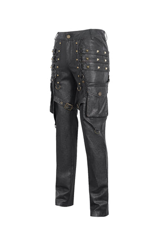 Front angled view of Devil Fashion PT24402 brown faux leather Steampunk pants with brass studs, buckled thigh straps, and cargo pockets on white background.