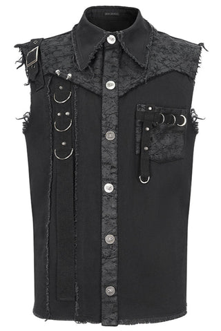 Close-up of distressed cotton fabric and raw hems on Devil Fashion SHT102 Gothic punk shirt for industrial streetwear