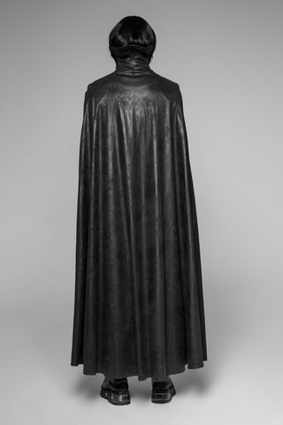 black gothic long overcoat with flowing cape, back view